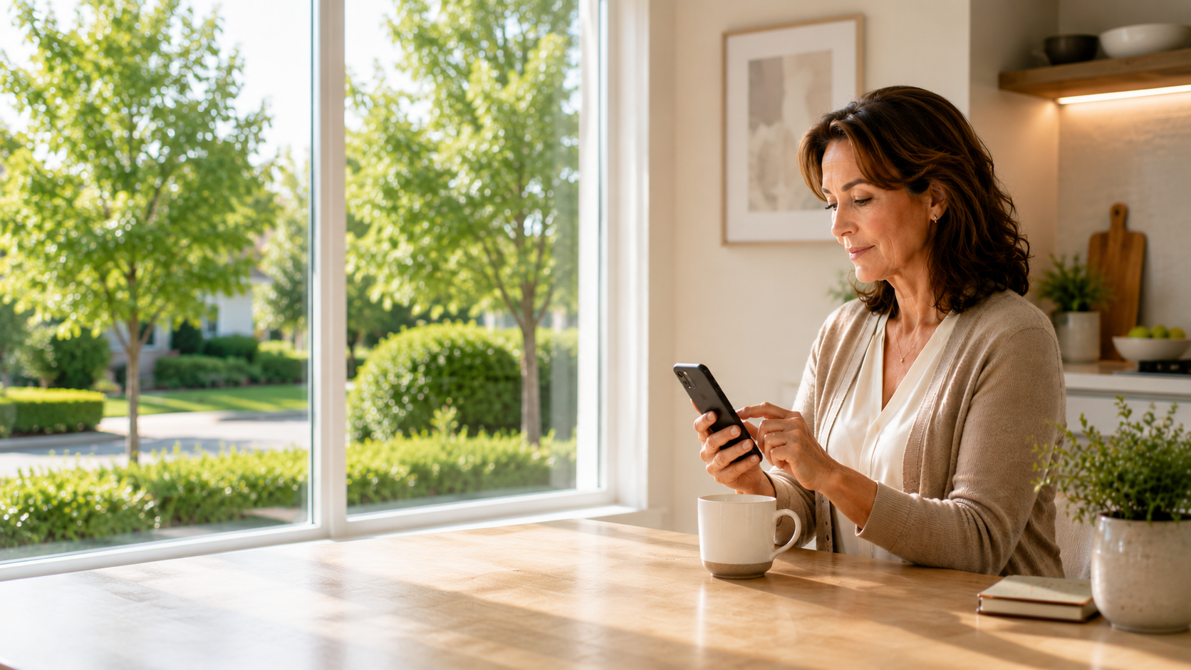 A woman sits at her sunlit kitchen table with a cup of tea, calmly checking the Beyond Our Vitals app on her phone.